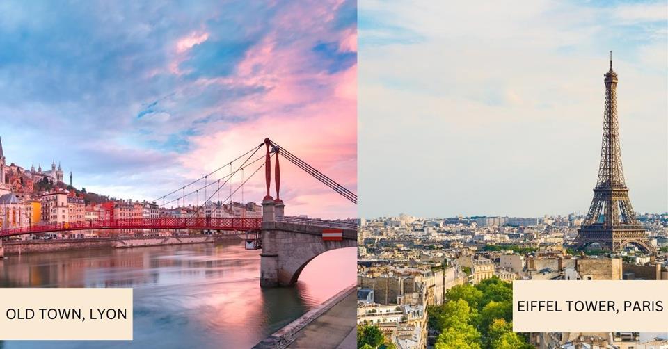 2 images - Old Town Lyon and Eiffel Tower
