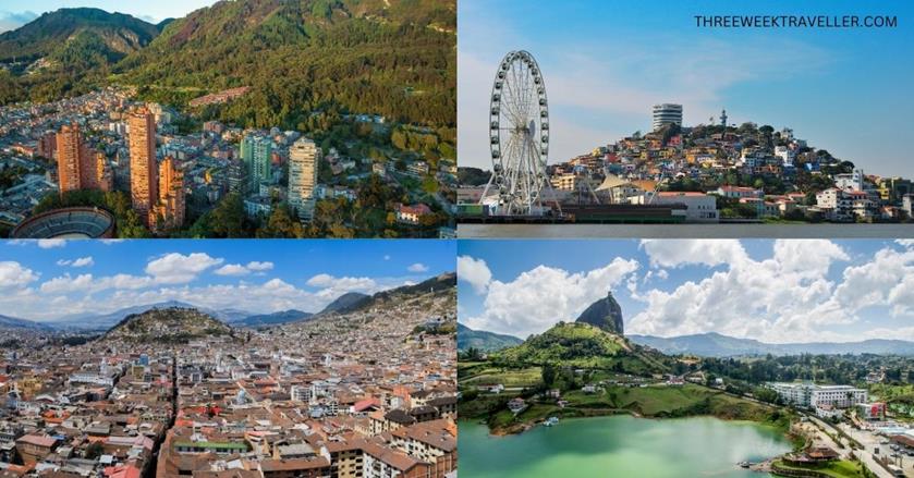 4 images - downtown Bogota, downtown Quito, Guatape Rock, and Santa Ana Hill Guayaquil - 3 Weeks in Ecuador and Colombia Itinerary