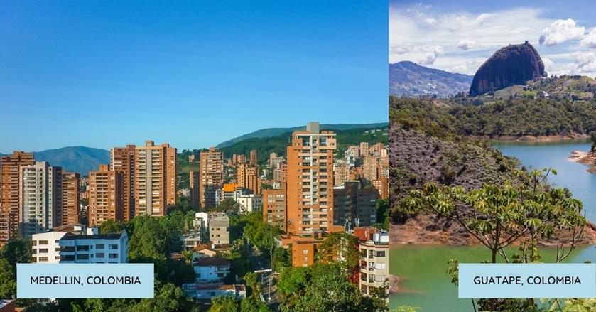 2 images - Medellin skyline and Guatape Rock