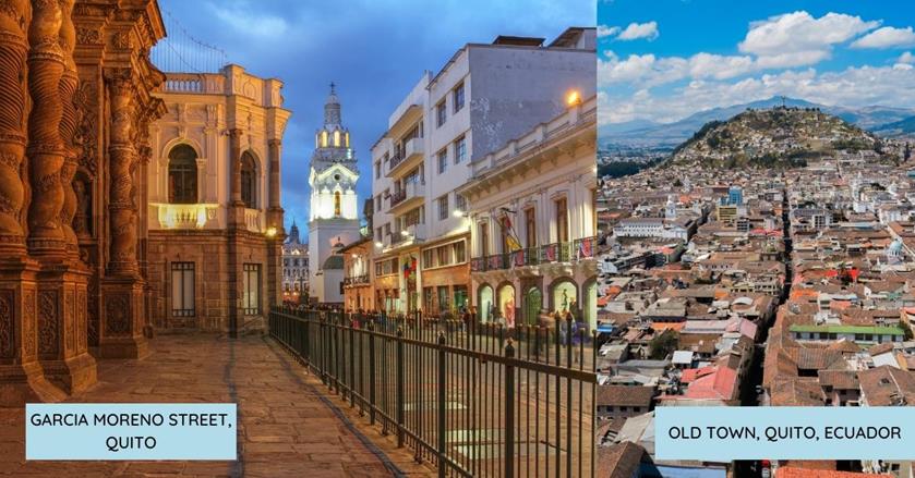 2 images - Garcia Moreno Street in Quito and Old Town Quito