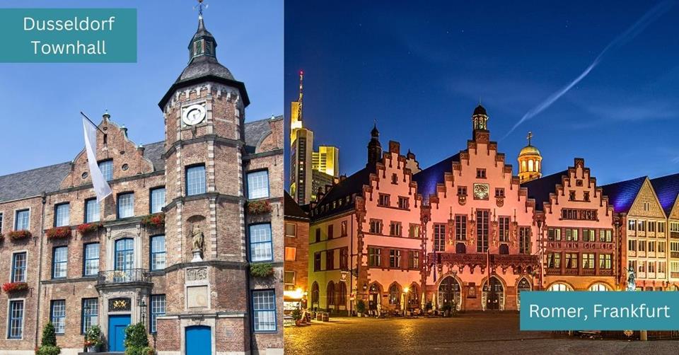 2 images - Dusseldorf Townhall and Romer Old Town Frankfurt