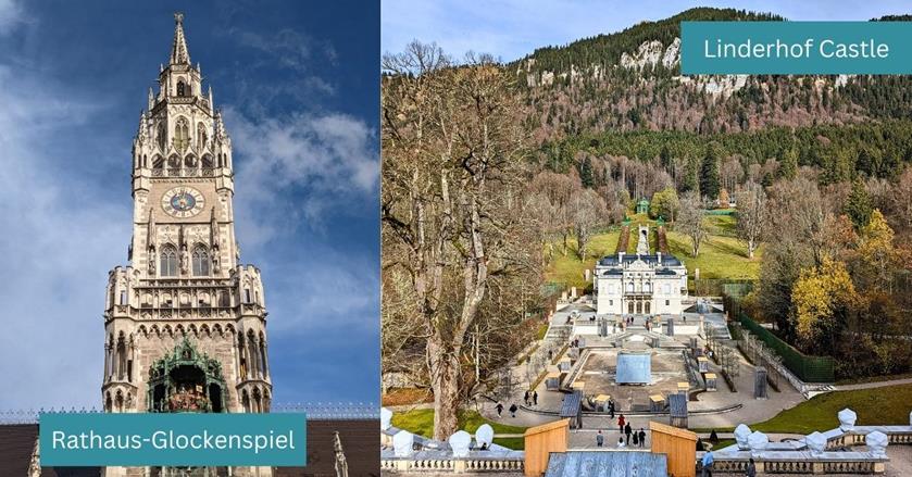 2 images - Rathaus-Glockenspiel and Linderhof Castle