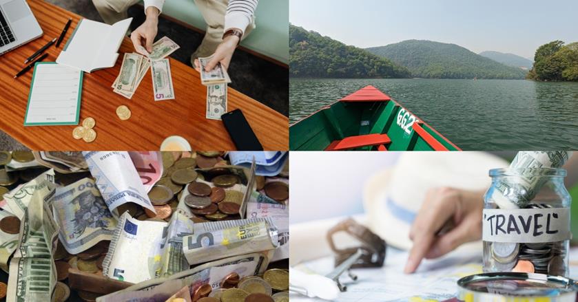 4 images - someone counting money on a brown table, a money jar for money, a bunch  of international currency on a table, a boat on a lake - What is the Average Cost of a 3-week Vacation