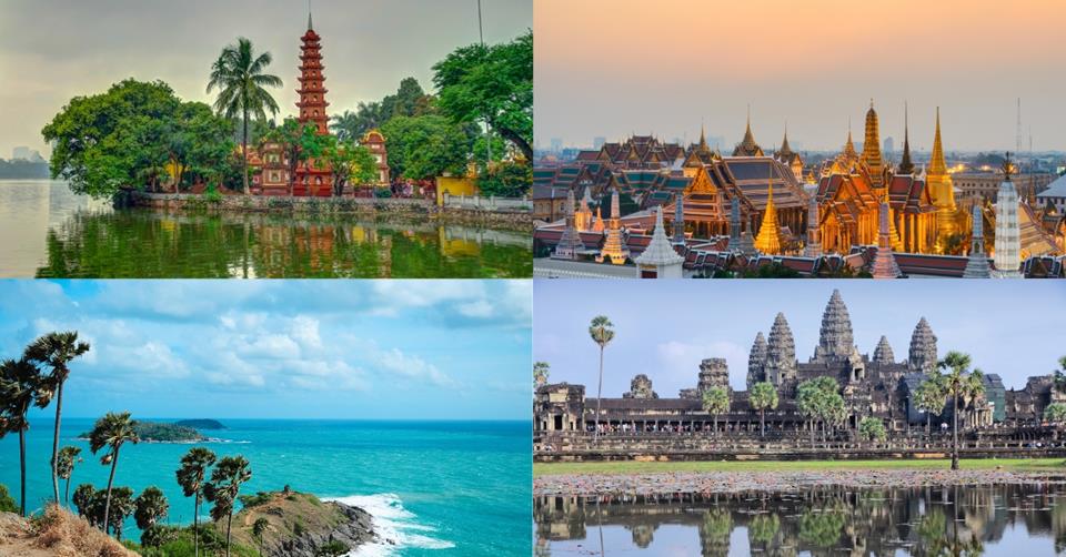 4 images - turtle temple lake in hanoi, bangkok grand palace, angkor wat, phuket island cape - 3 images - tuk tuk in bangkok, basket boats in vietnam, and tuk tuk in cambodia - 3-Week Itinerary for Thailand, Cambodia, Vietnam