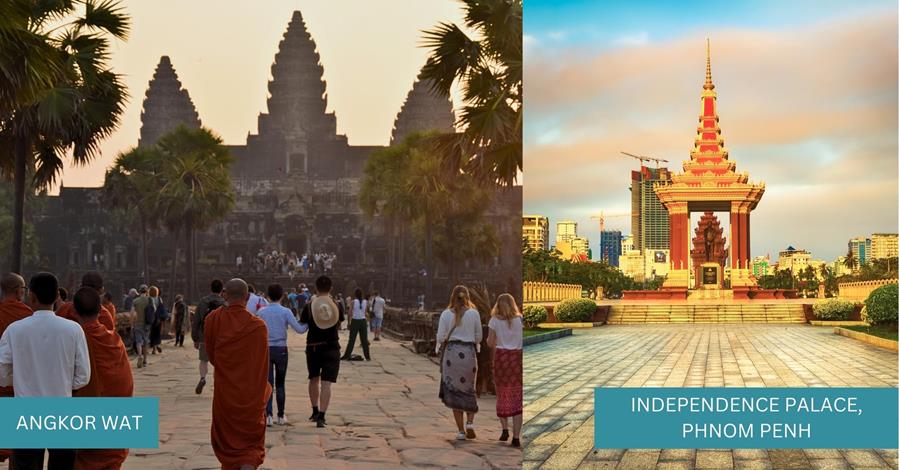 3 images - angkor wat and independence palace in phnom penh