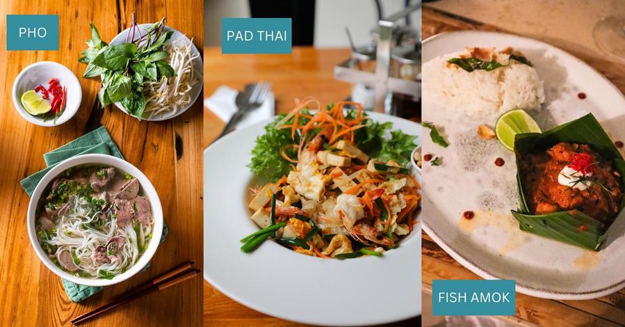 3 images - pho, pad thai, dish amok - 3-Week Itinerary Thailand Cambodia Vietnam