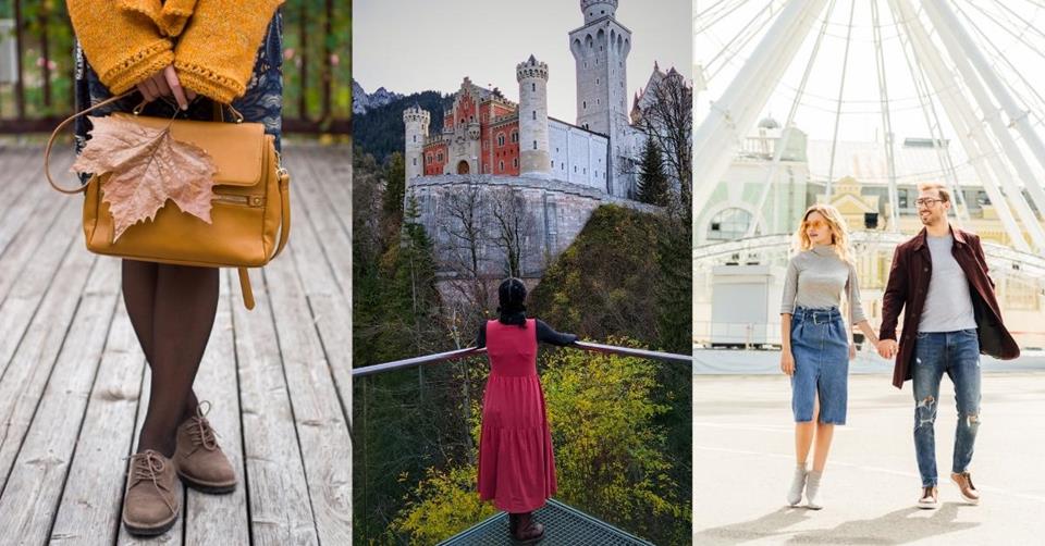3 images - a woman holding a beige handbag and dried maple leaf, a girl facing Neuschwanstein Castle wearing a red dress, a couple holding hands wearing autumn outfit - Fall Packing List For a 3-week Trip