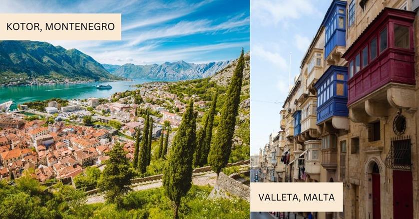 2 images - on the left is the houses along the beautiful Kotor Bay with mountain views. On the right is the colourful houses on the street of Valleta in Malta