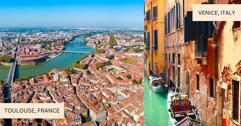2 images - on the left is the houses along the river in Toulouse in France. On the right is the Gondola boats in Venice in Italy