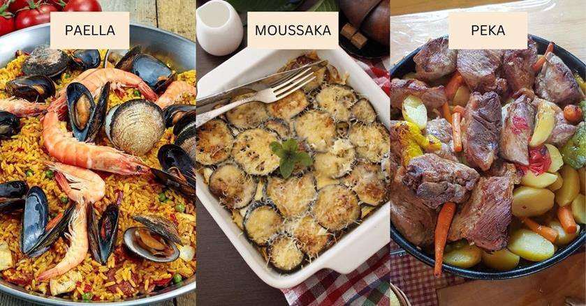 3 images of food - on the left is paella, in the middle is moussaka, on the right is peka - 3-Week Southern Europe Itinerary