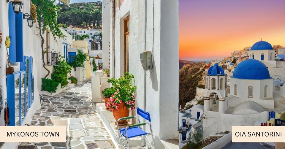 2 images - on the left is an alley of Mykonos Town. on the right is the cave houses of Santorini in Oia village