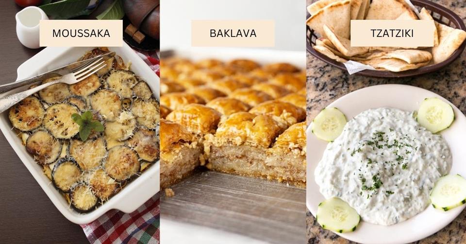 3 images - moussaka on the left, baklava in the middle, and tzatziki on the right