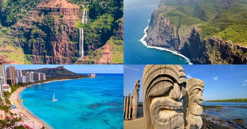 4 images - top left is a water falls surrounded by trees and cliffs, top right is a sea cliff along a coast line, bottom right is the face carving in Hawaii along the beach, bottom left is the beachline in Kawaii Beach featuring buildings, boat, and Diamond Head crater - 3 Weeks in Hawaii Itinerary