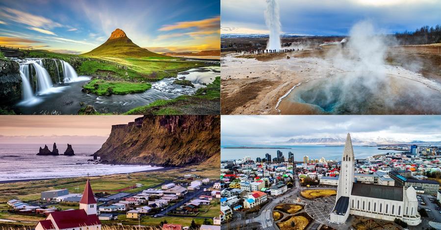 4 images - top left if a Mount Kirkjufell with waterfalls in front of it and blue sky, top right is the geothermal locations in Iceland with steam and water coming out of the ground. Bottom right is the city centre of Reykjaviik, bottom left is a Nordic town with traditional houses along the coast with a rock mountain on the backdrop - 4 images - top left if a Mount Kirkjufell with waterfalls in front of it and blue sky - 3 Weeks in Iceland Itinerary