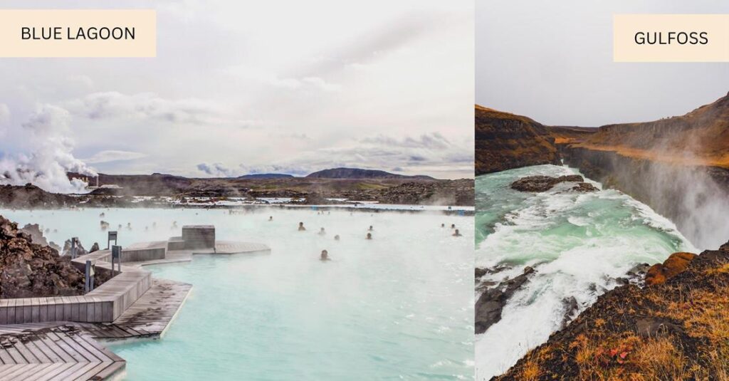 2 images - left is the Blue lagoon. Right is the Gulfoss waterfalls