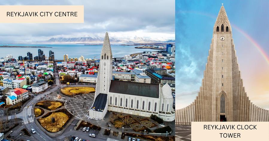 2 images - left is the downtown of Reykjavik city centre, on the right is the clock tower of Reykjavik