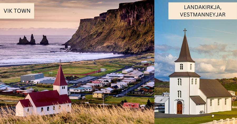 2 images - on the left is a traditional Nordic houses along the coast behind if a rock mountain, on the right is the Landakirkja in Vestmanneyjar