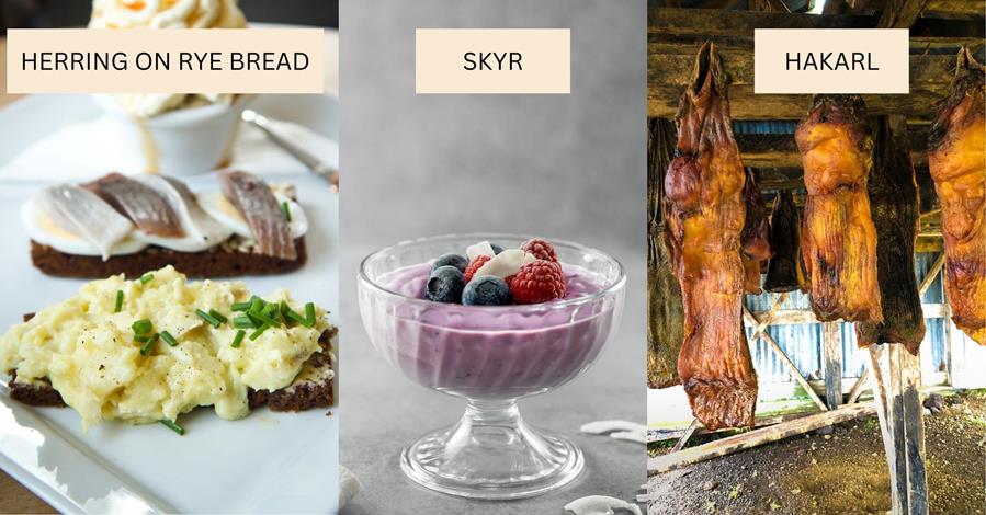 3 images - left is a plate of herring on rye bread, in the middle is skyr with fruits, on the right is the hanging is hakarl, dried shark - 3 weeks in iceland itinerary