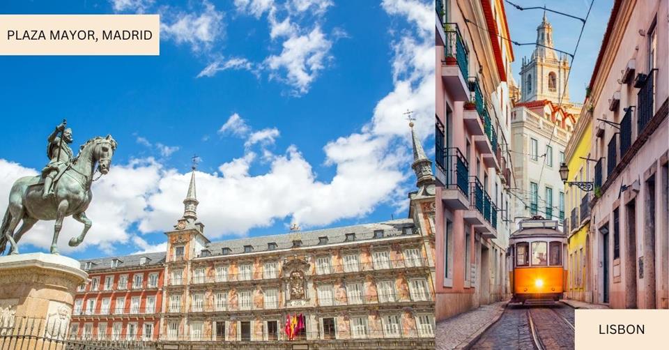 2 images - left is Plaza Mayor in Madrid showing an old building an a statue of man on a horse. Right is a narrow street in Lisbon with a traditional tram driving by