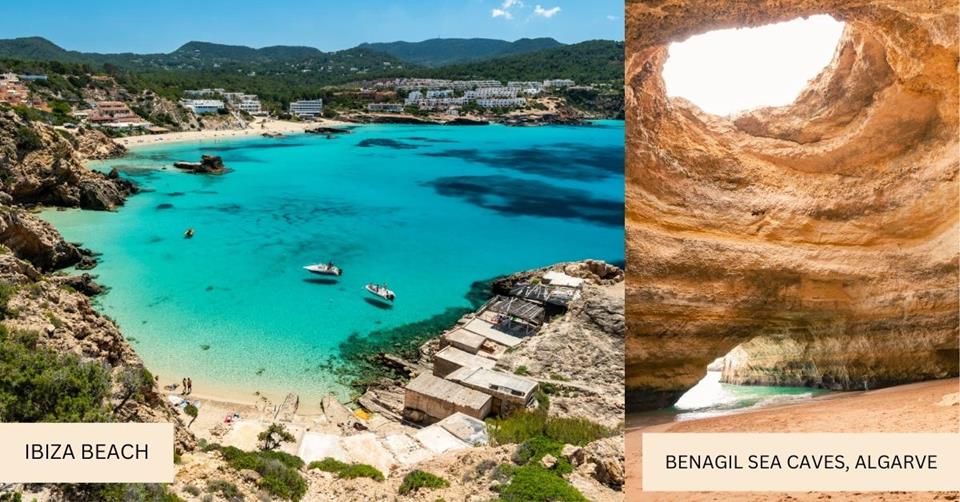 2 images - coastline of blue waters in Ibiza on the left. On the right is the beautiful Benagil Sea Caves in Algarve