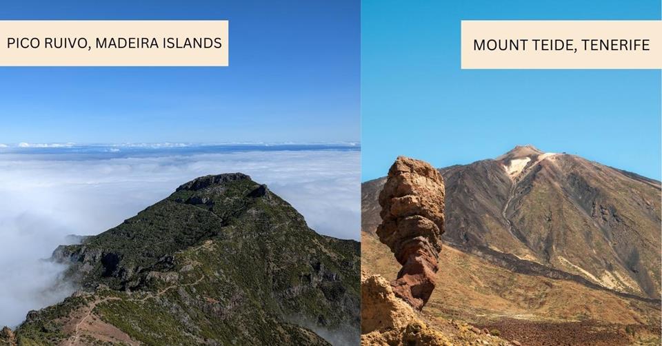 2 images - summit view from Pico Ruivo on sea of clouds in Madeira Island. On the right is the summit view of Mount Teide in Tenerife