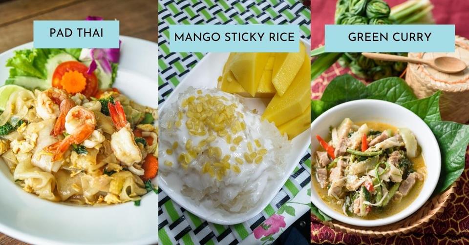 3 dishes - on the left is pad thai on a plate. in the middle is sticky mango rice on a plate. on the right is a green curry on a bowl - 3 Weeks in Thailand Itinerary