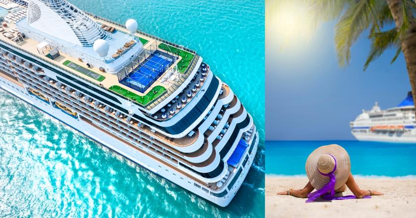 2 images - on the left is an aerial shot of a cruise ship. On the right is a person wearing a sun hat, lying on the sandy beach facing the water - BEST 3 WEEK CRUISES
