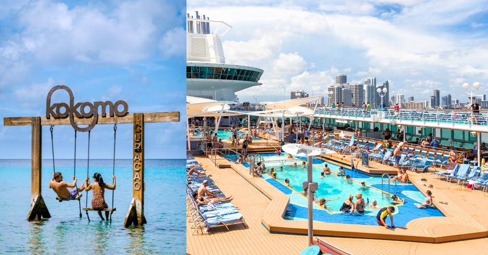 2 images - on the left is a couple on a wooden swing with a sign "kokomo" on the top anchor. On the right is an outdoor swimming poll of a cruise ship - BEST 3-WEEK CRUISES