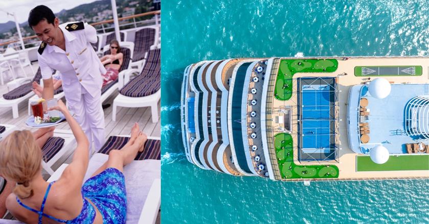 2 images - on the left is a cruise boat staff handing a glass of drinks to a woman on a sunbed. On the right is an aerial view of a cruise boat showing the mini golf course.