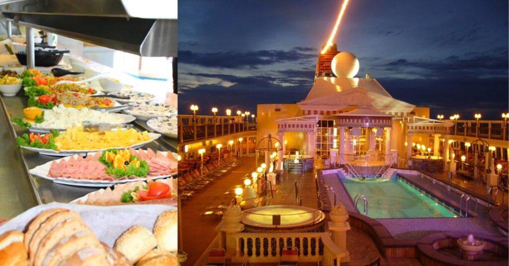 2 images - on the left is the buffet at a cruise ship. on the right is a photo of the cruise pool at night surrounded by night lights
