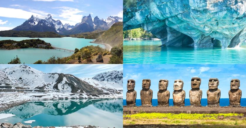 4 images - top left is the a glacier lake with an island in the middle. top right is the marble caves. bottom right are the head sculptures (Rapa Nui) in Easter island. bottom left is the snowy mountains in the Patagonia - 3 weeks in chile itinerary