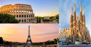 3 images - on the top left is the Colosseo in Rome. On the Bottom left is the Eiffel Tower of Paris. On the right is the Sagrada Familia in Barcelona - 3 Weeks in Spain France and Italy