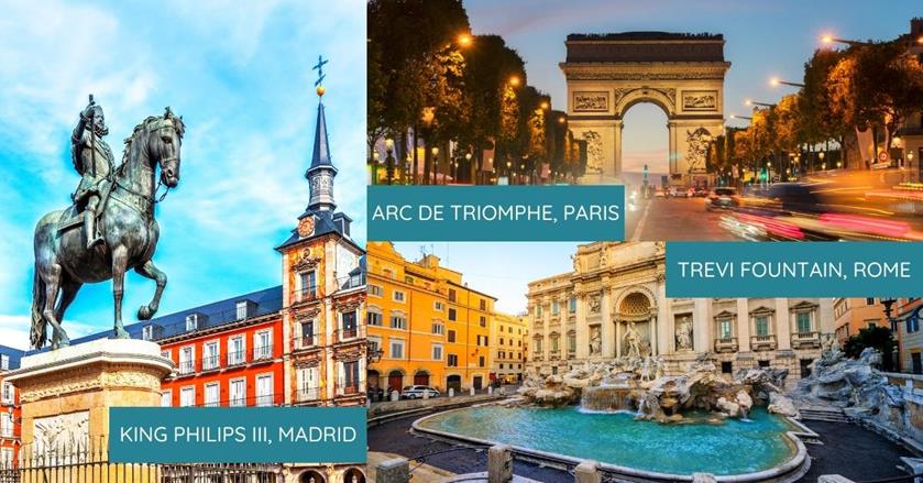 3 images - on the left is the statue of King Philips III in Madrid. On the top right is the Arc De Triomphe in Paris at night. On the bottom right is the Trevi Fountain in Rome