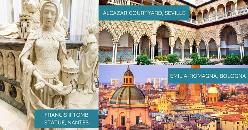 3 images - on the left is the Francis II tomb statue in Nantes. On top right is the Alcazar Courtyard in Seville. On the bottom right is the dome of Emilia-Romagna in Bologna
