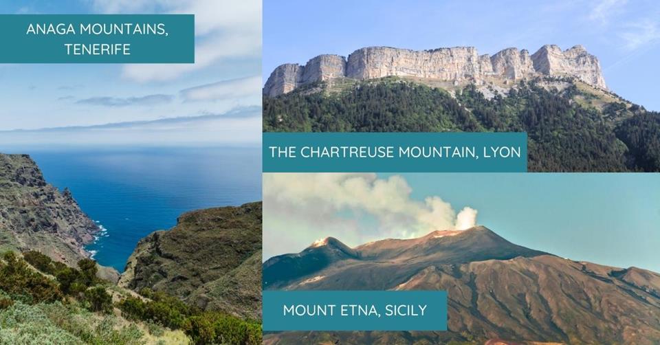 3 images - on the right is a cliff over looking the ocean with a text "Anaga Mountains, Tenerife. On top right is a flat mountain peak of Chartreuse mountain in Lyon. On the bottom is is a smokey peak of Mount Etna in Sicily