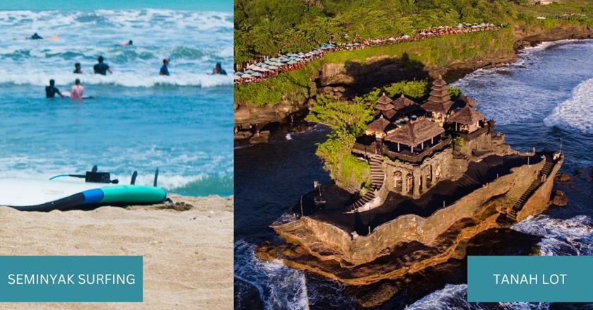 2 images - left is a surfing board on the sandy beach and people surfing in the water. On the right is the Tanah Lot sitting on a big rock surrounded by water