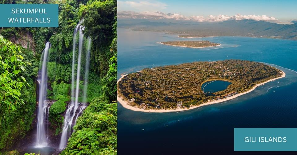 2 images - on the left is Sekumpul Waterfalls. On the right is the aerial view showing all Gili Islands