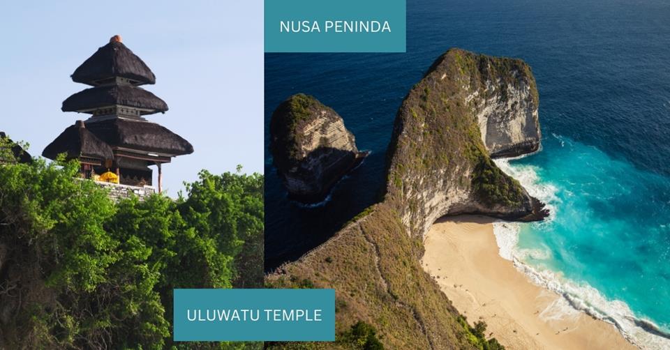 2 images - on the left is Uluwatu Temple. On the right is taken from the top of Nusa Peninda showing cliff rocks and blue waters