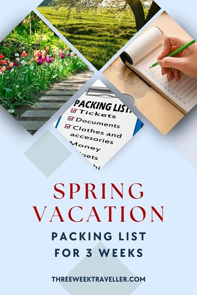 When packing for a 20-day spring trip, consider layering options for varying temperatures, lightweight clothing, comfortable shoes, a waterproof jacket, travel-sized toiletries, medications, chargers, travel documents, versatile outfits, and a daypack for day trips. via @threeweektraveller