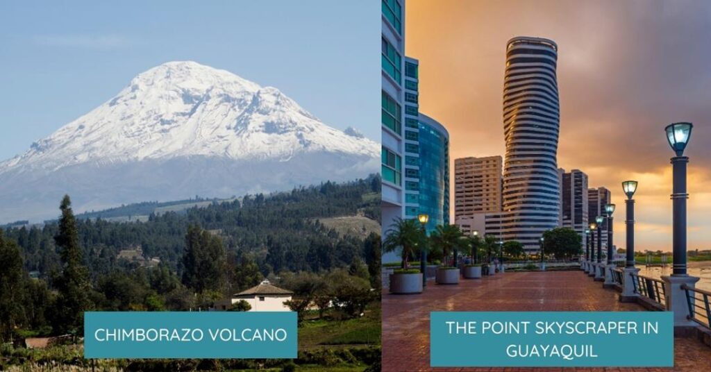 2 images - on the left is the snowcapped peak of Chimborazo Volcano. On the right is The Point Skyscraper in Guayaquil