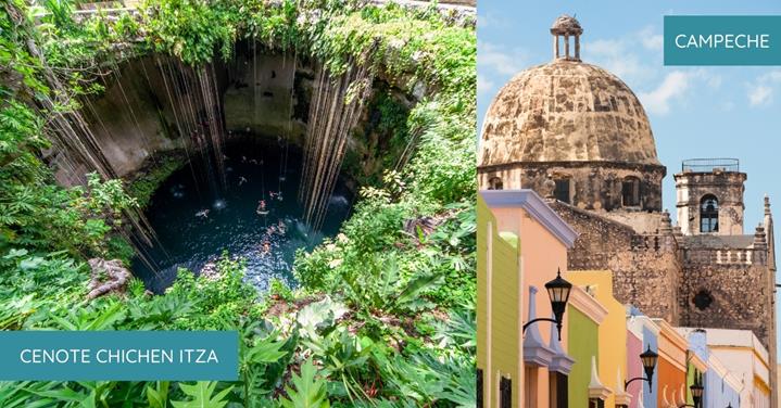 2 images - on the left is the cliff of Cenote Chichen Itza. On the right is the dome church in Campeche