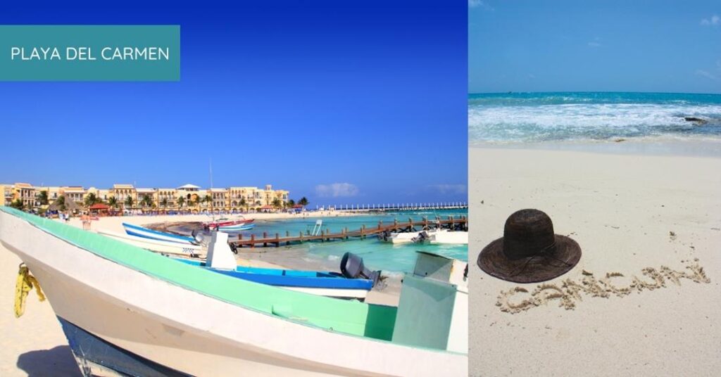 2 images - on the left is the boat along the shoreline in Playa Del Carmen. On the right i a hat on the sand written "cancun"