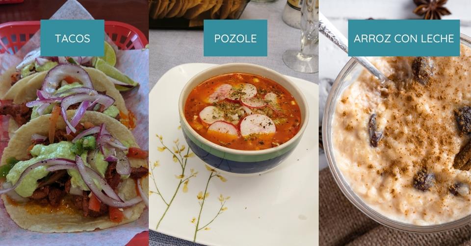 3 images of Mexican dishes - on the left is a basket of three tacos. In the middle is a bowl of pozle. on the right is a bowl or arroz con leche - 3 weeks in Mexico itinerary