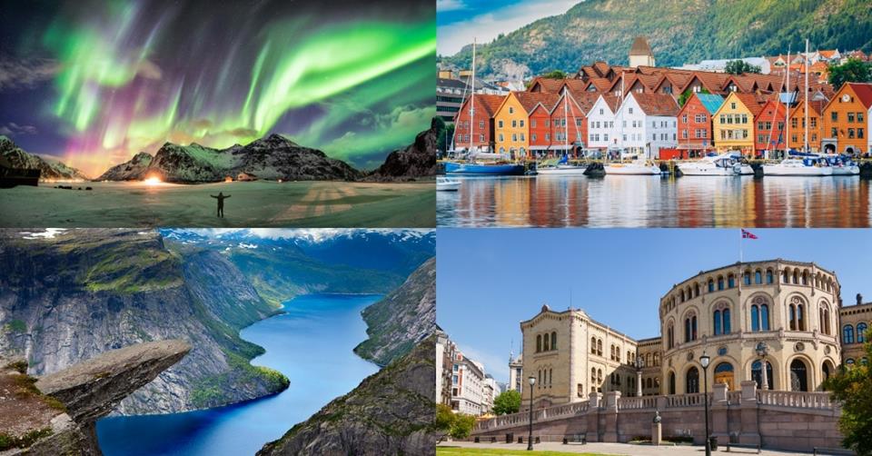 4 images - top left is the aurora borealis. Top right are the colourful houses in Bergen. Bottom right is the storting parliament in Oslo. Bottom left is the rock cliff in Trolltunga - 3 Weeks in Norway Itinerary