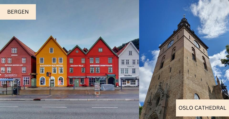 2 images - on the left are the colourful houses in Bergen. On the right is the tower of Oslo Cathedral