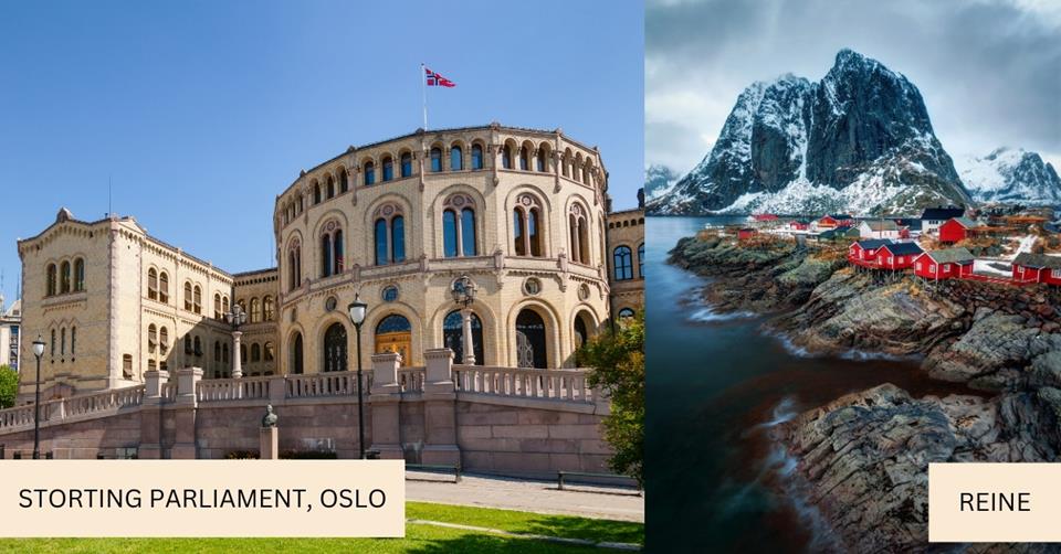 2 images - on the left is the building of Storting Parliament in Oslo. On the right is the glacial mountains in Reine