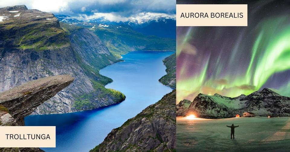 2 images - on the left is the rock cliff of trolltunga. on the right ithe aurora borealis