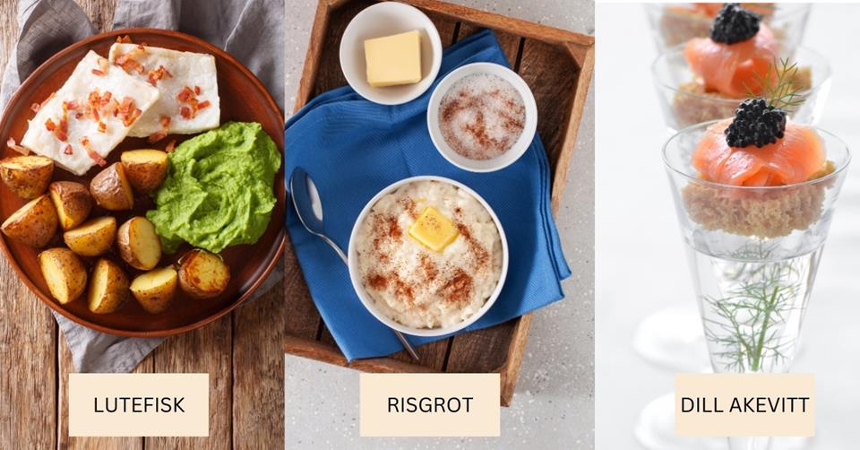 3 images of Norwegian dishes - on the left is a bowl of roasted potatoes and lutefisk. In the middle is a bowl of risgrot. on the right are three glasses of dill aquavit - 3 Weeks in Norway Itinerary