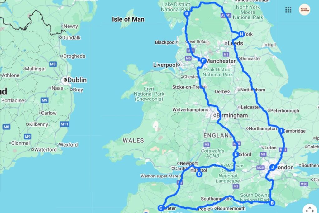 3 week England Itinerary routemap