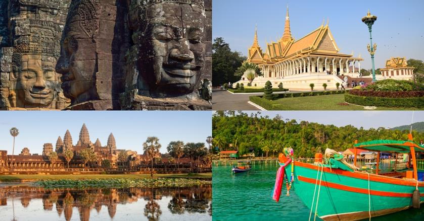4 images - top left are the smiling sculptures in Angkor Wat. Top right is the Royal Palace in Phnom Penh. Bottom right is a traditional boat in Cambodia. Bottom left is the iconic temples and pagoda in front of water in Angkor Wat- 3 weeks in Cambodia Itinerary